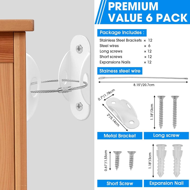 Guirnd 6 Pack Furniture Anchors, Anti Tip Furniture Anchors for Baby Proofing, Metal Earthquake Straps Furniture Straps Wall Anchor for Dresser and Bookcase (White) - Image 2